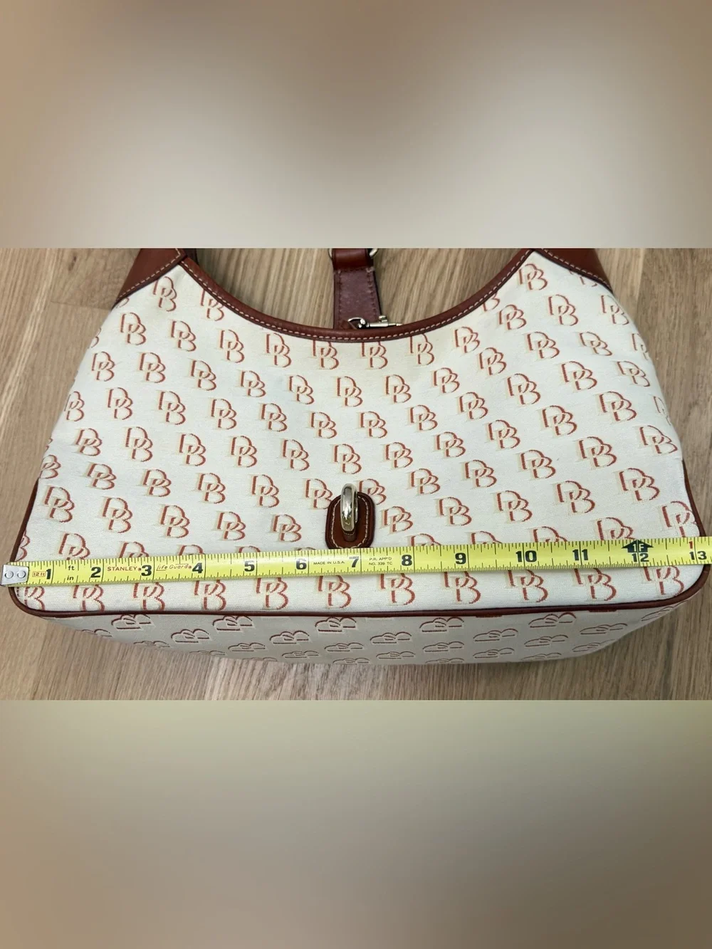 Dooney & Bourke Cream/Brown Signature Logo Lock Canvas Hobo Shoulder Bag